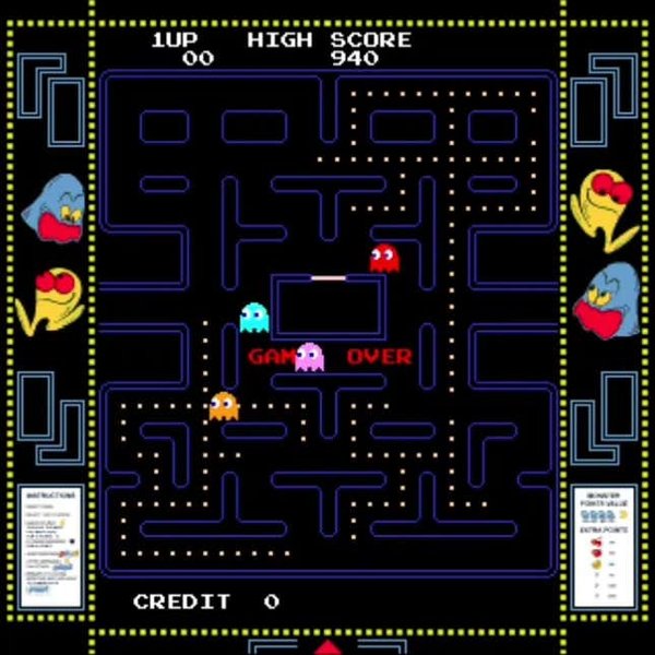 Screenshot of Pac-Man gameplay with ghosts chasing Pac-Man