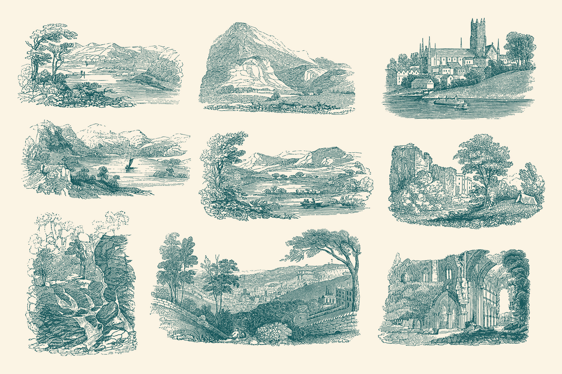 vintage book illustrations and 19th century landscapes
