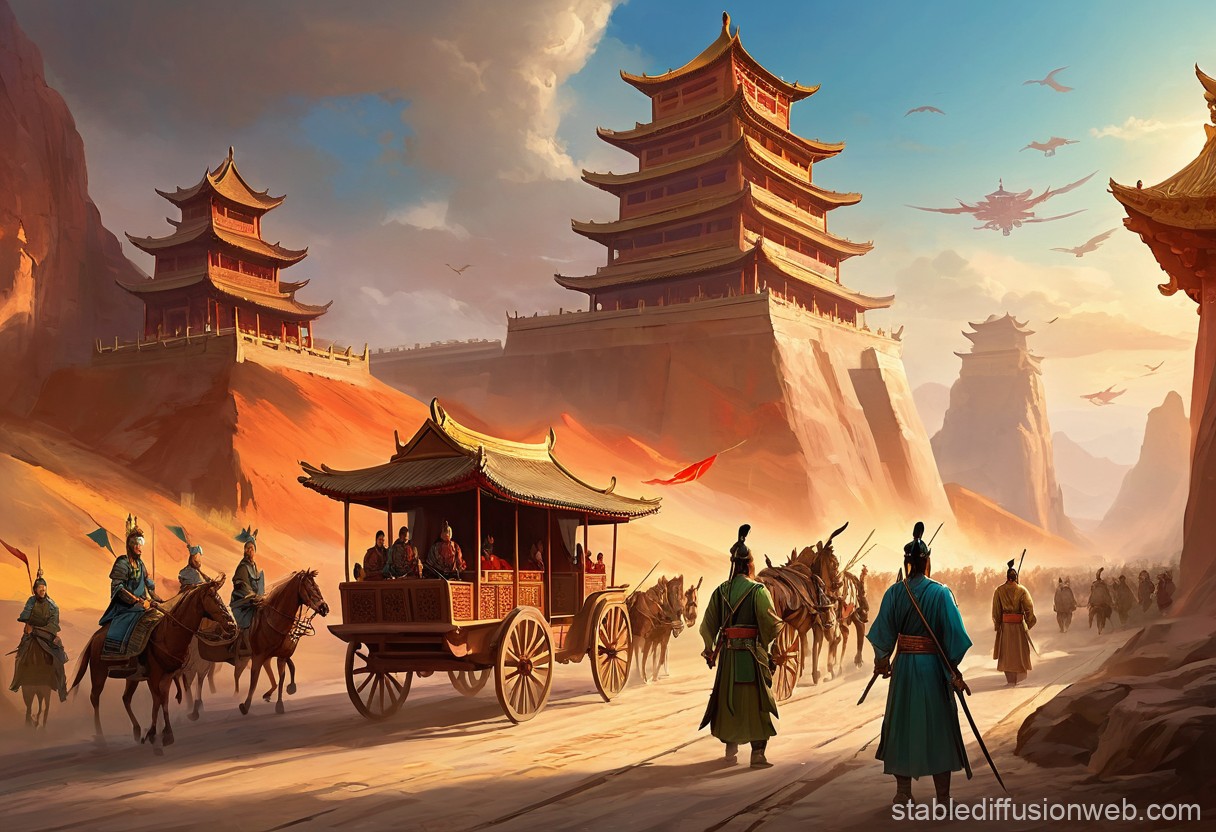 ancient chinese warriors and landscape