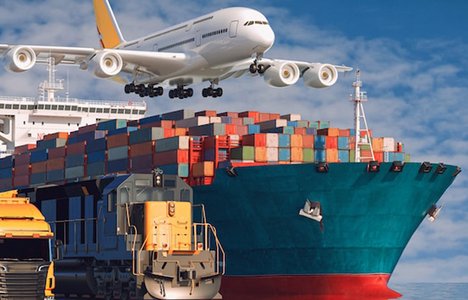 cargo ships, trains, trucks, and airplanes in motion