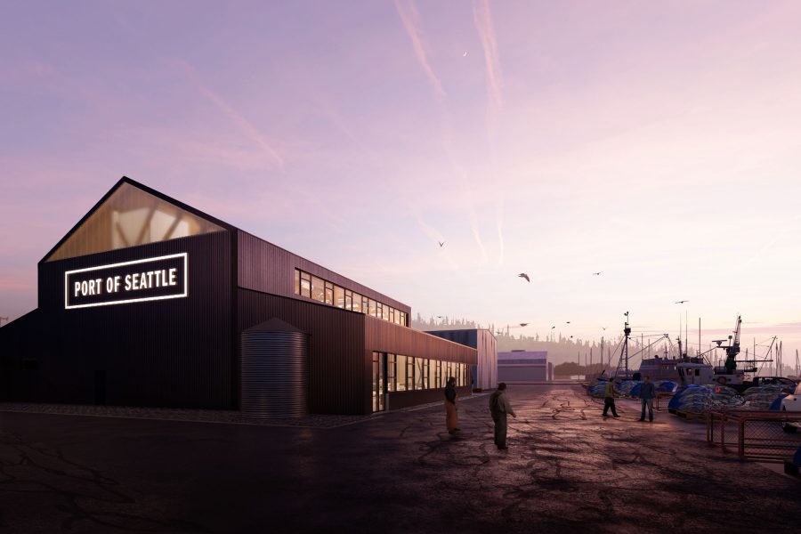 modern port facilities at sunset
