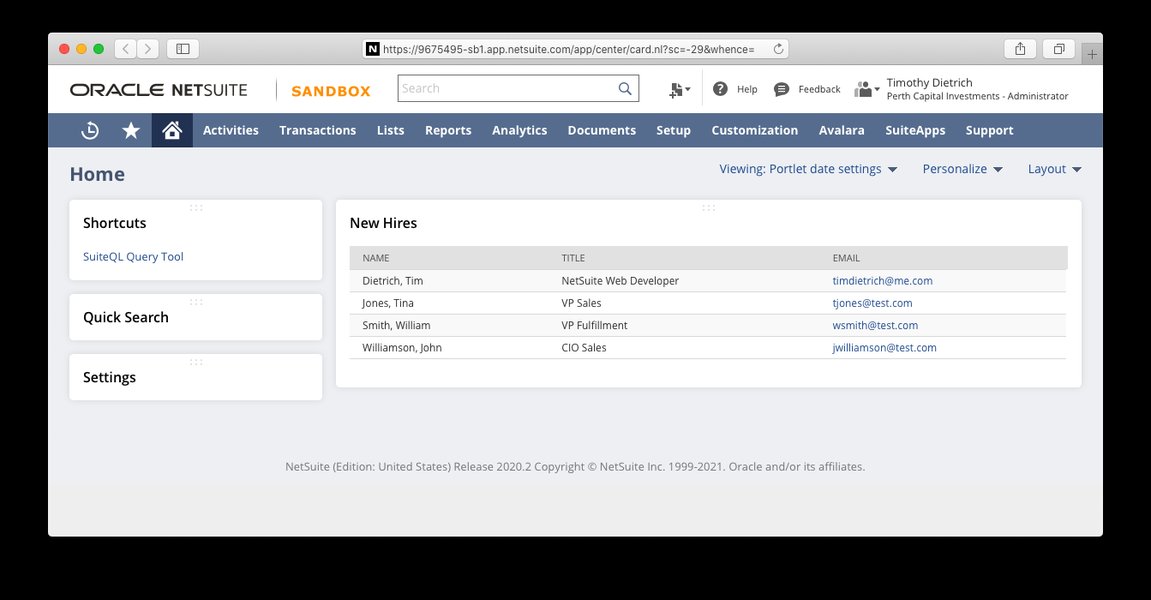 Screenshot of a NetSuite SuiteQL Query Results Portlet showing query output.