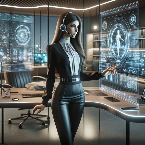 Conceptual image of an AI assistant in a futuristic workspace