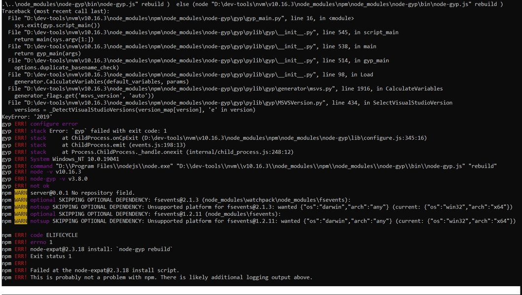 Example of a node-gyp rebuild error on macOS