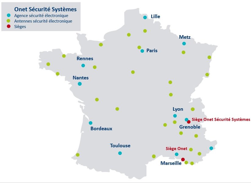 Carte des agences Onet Sécurité Systèmes en France