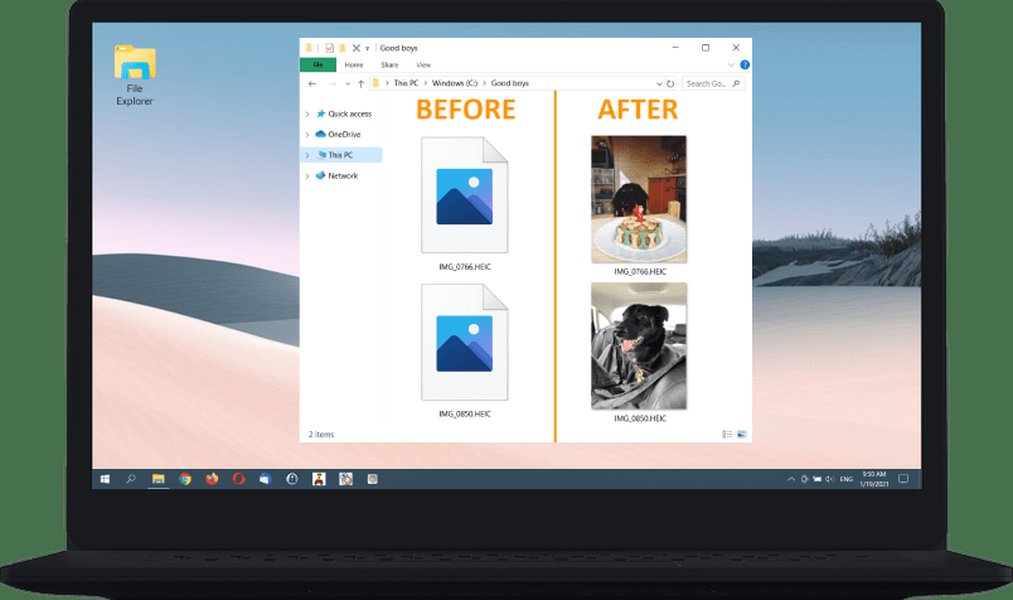 CopyTrans HEIC showing HEIC thumbnails and a convert option in Windows Explorer