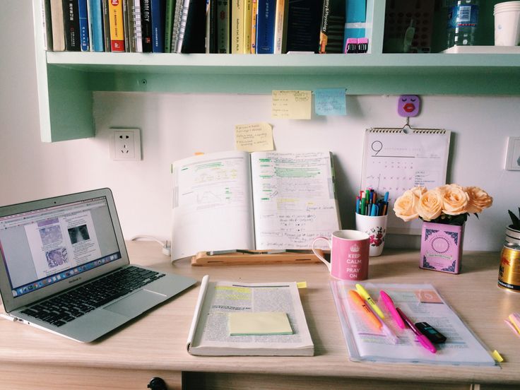 study desk with books and notes