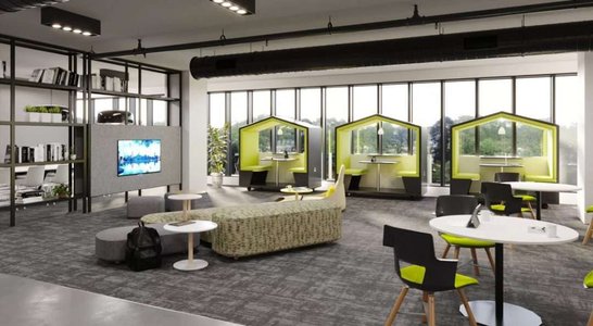 modern office workspace with teams collaborating