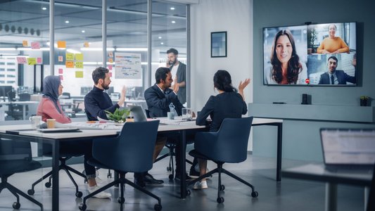 corporate building and teams meeting