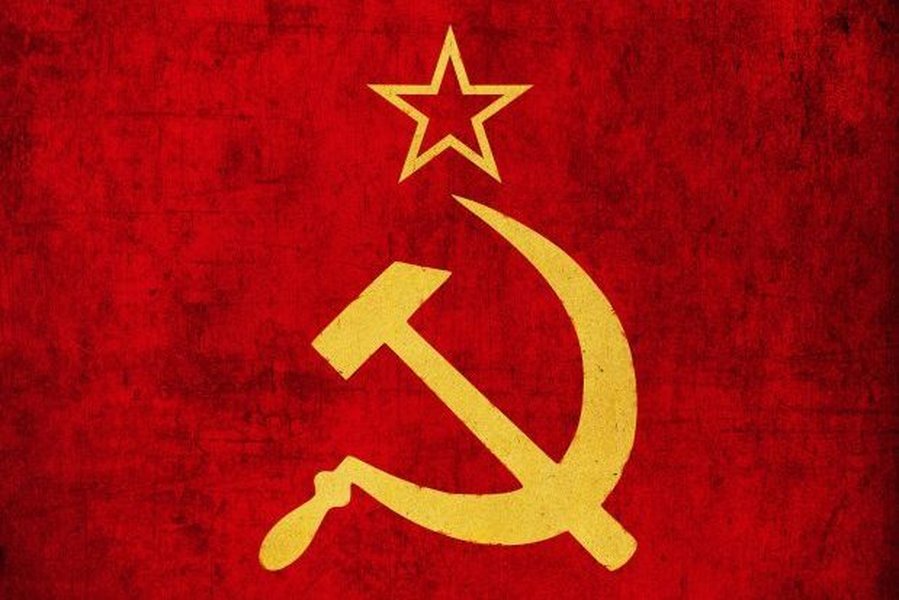 Soviet flag with hammer and sickle flying