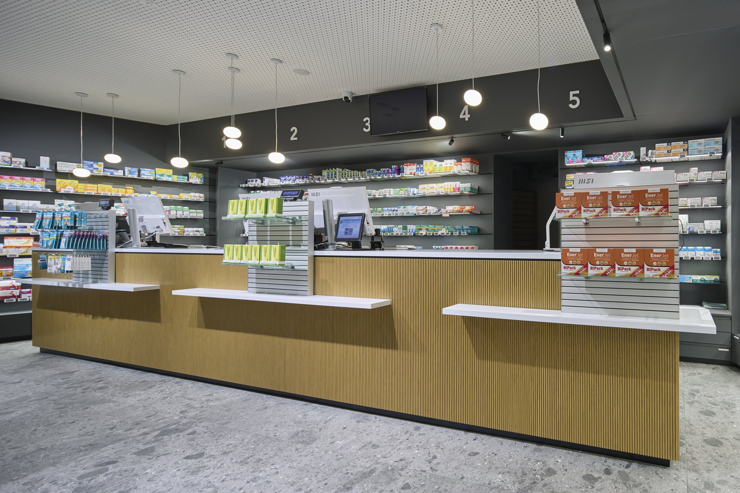 urban pharmacy shelves