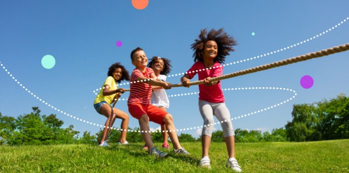 students playing outdoor sports group