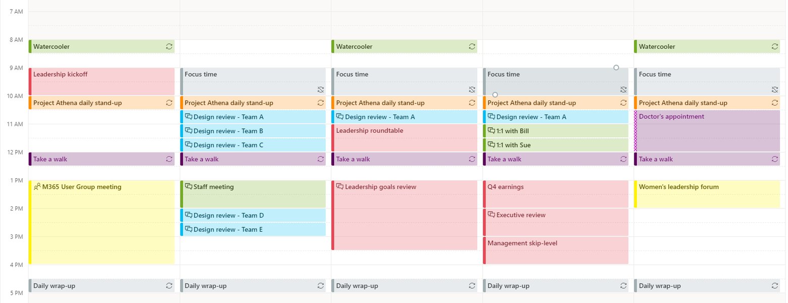 Outlook calendar with color-coded entries