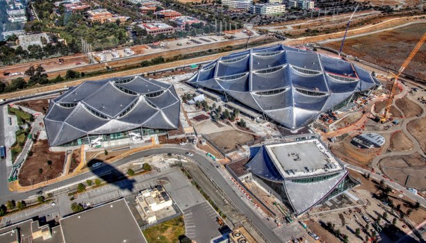 aerial view of modern research campus with solar panels