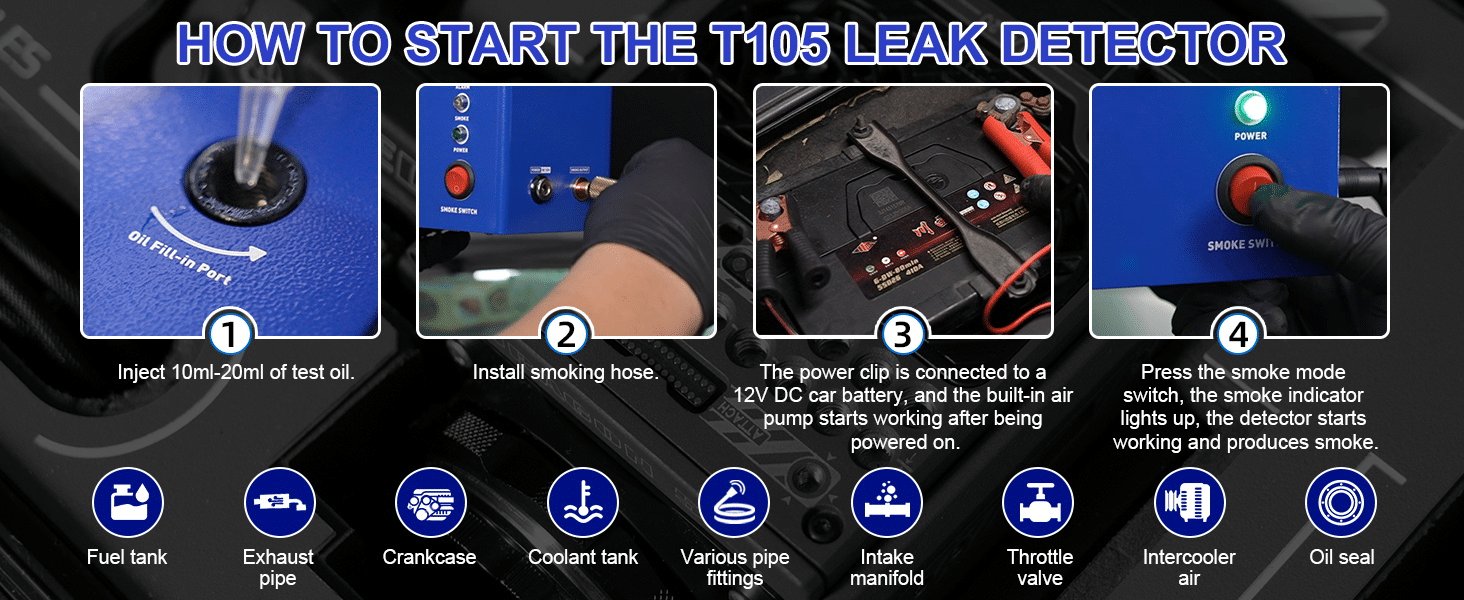 A mechanic performing a smoke test on a vehicle's EVAP system, showing smoke emerging from a leak point.