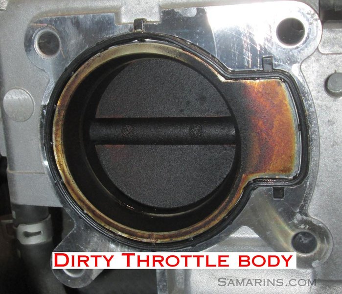 A dirty throttle body, characterized by carbon buildup, which can cause P0505.
