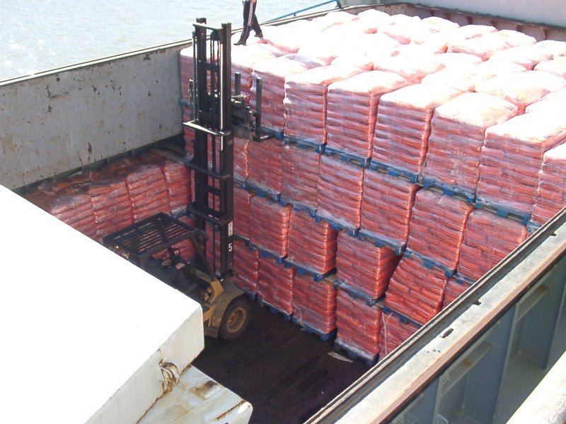 Example of goods stacked and secured on a pallet.