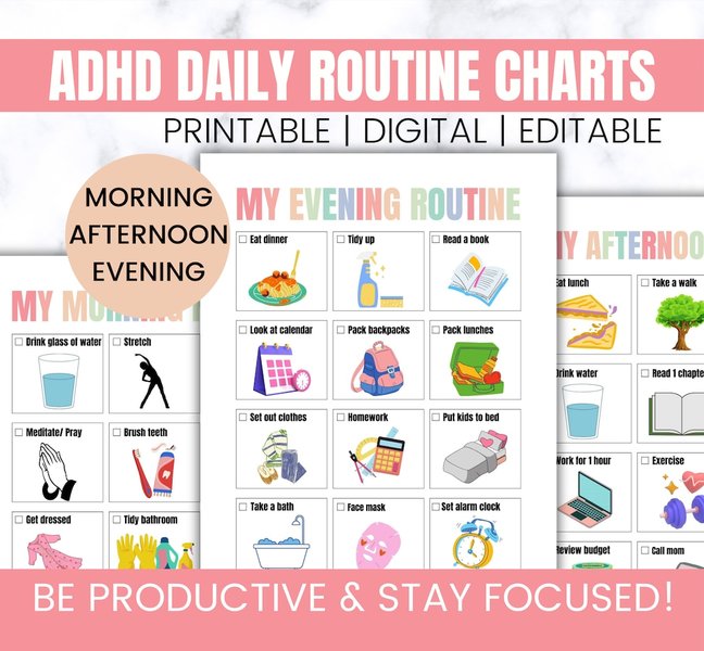 A visual routine chart with pictures for daily activities for a child.