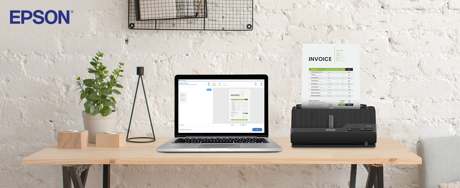 landscape, office desk with documents, computer, scanner