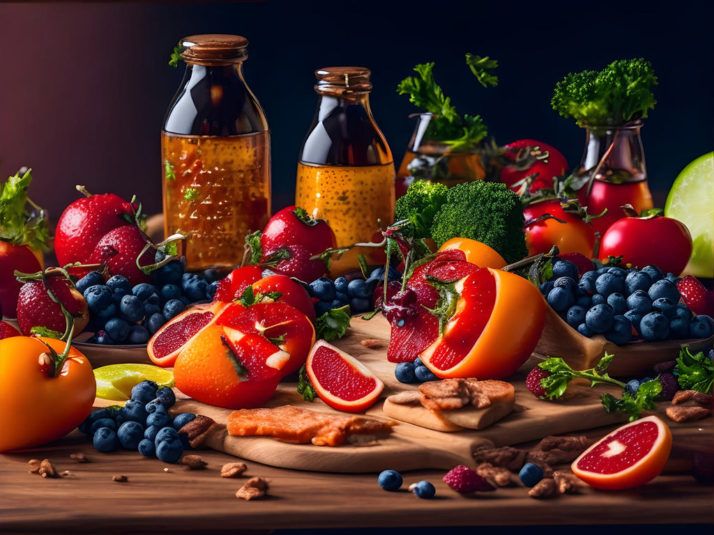 vibrant peaches and dragonfruit arranged on a wooden table
