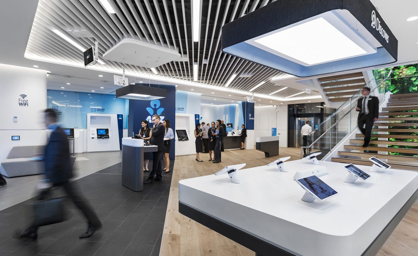 modern bank building with digital kiosks