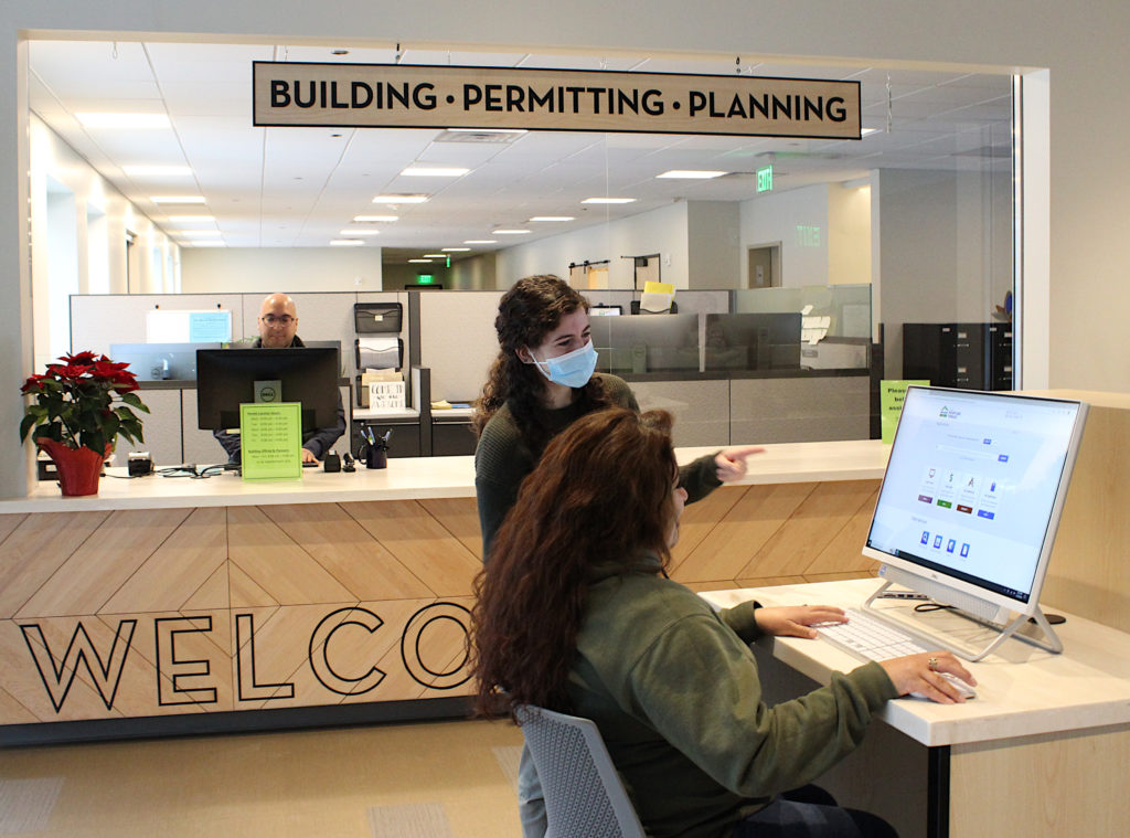 municipal buildings, digital permit kiosk, local office scene