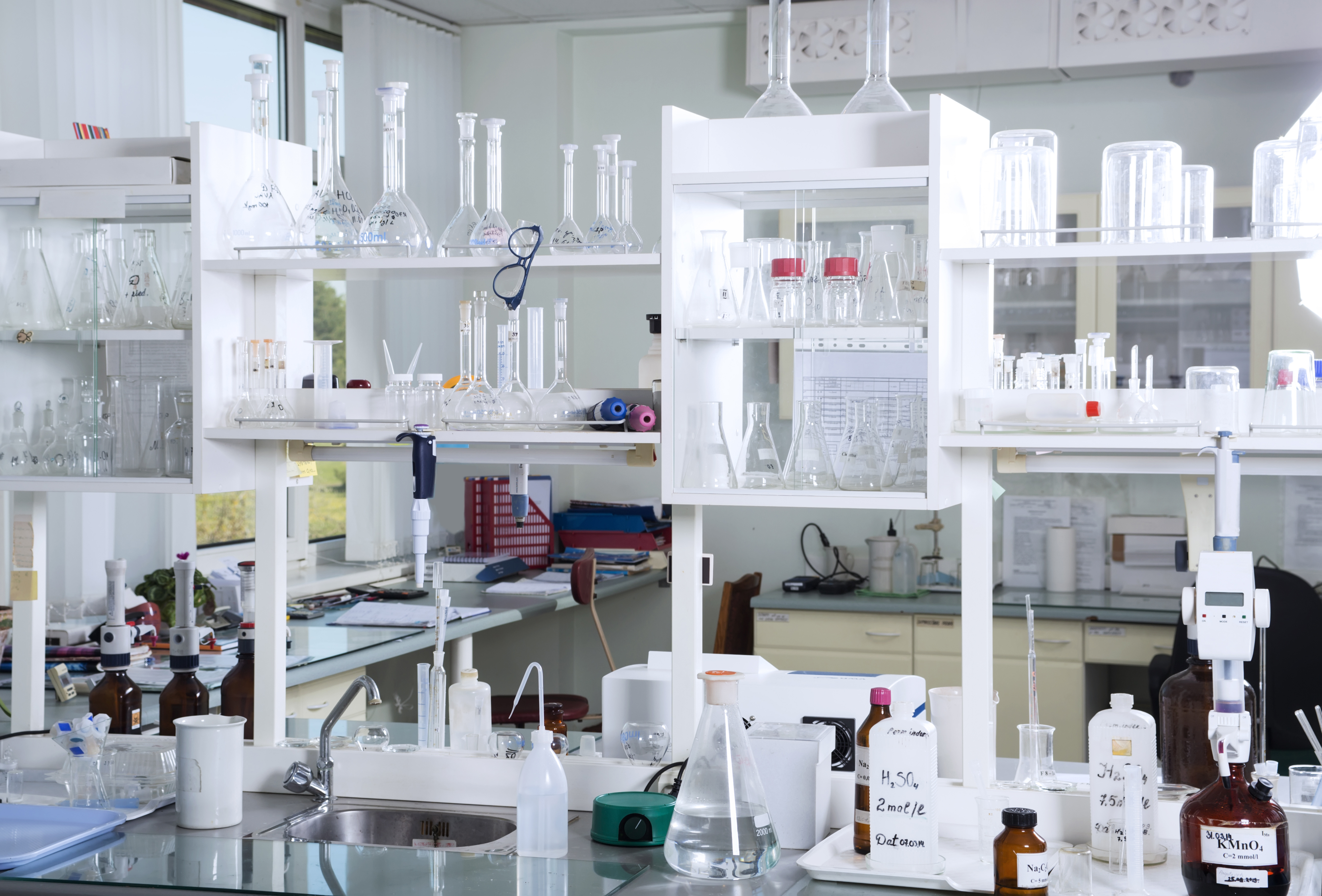 research lab shelves and technology equipment