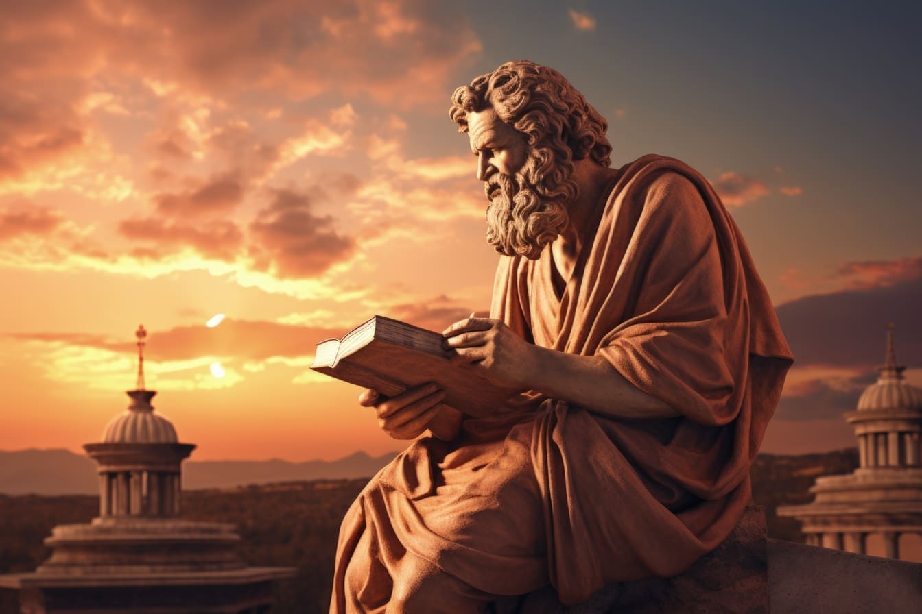 sunset over ancient books with philosophical statues