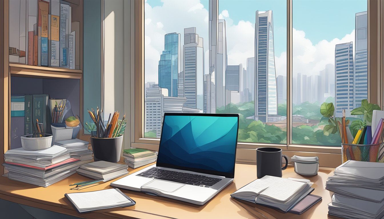 cityscape and books on desk