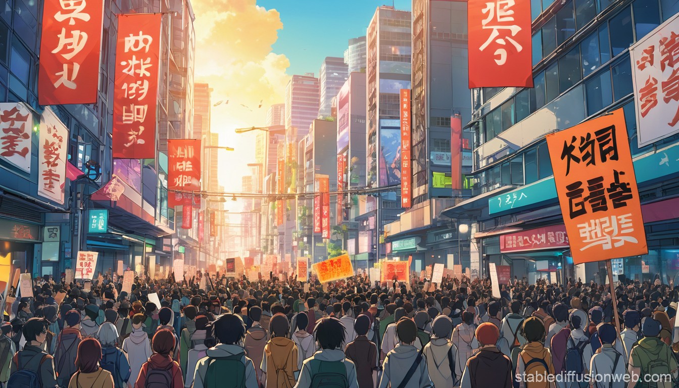urban protest crowd, city backdrop