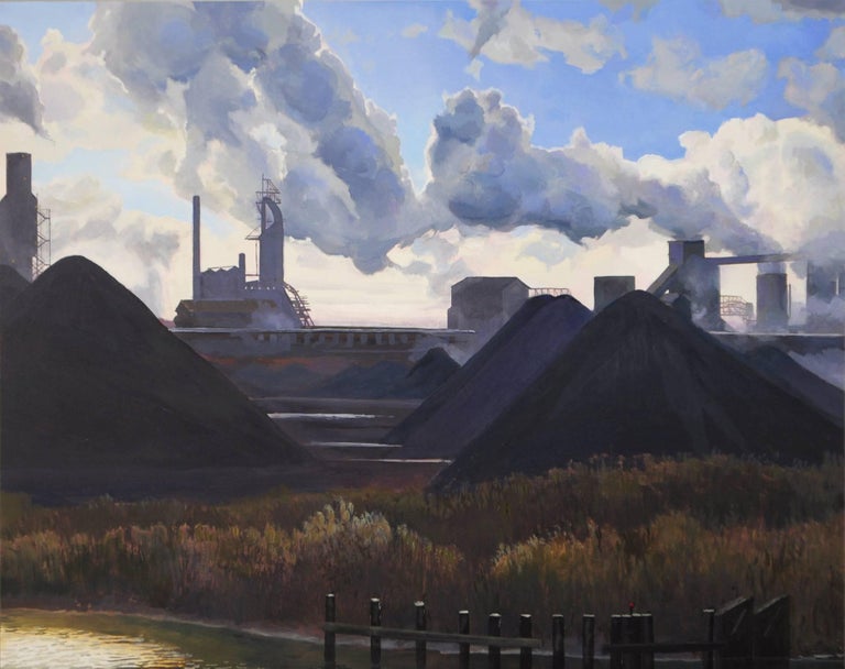 landscape with industrial smokestacks and urban environment
