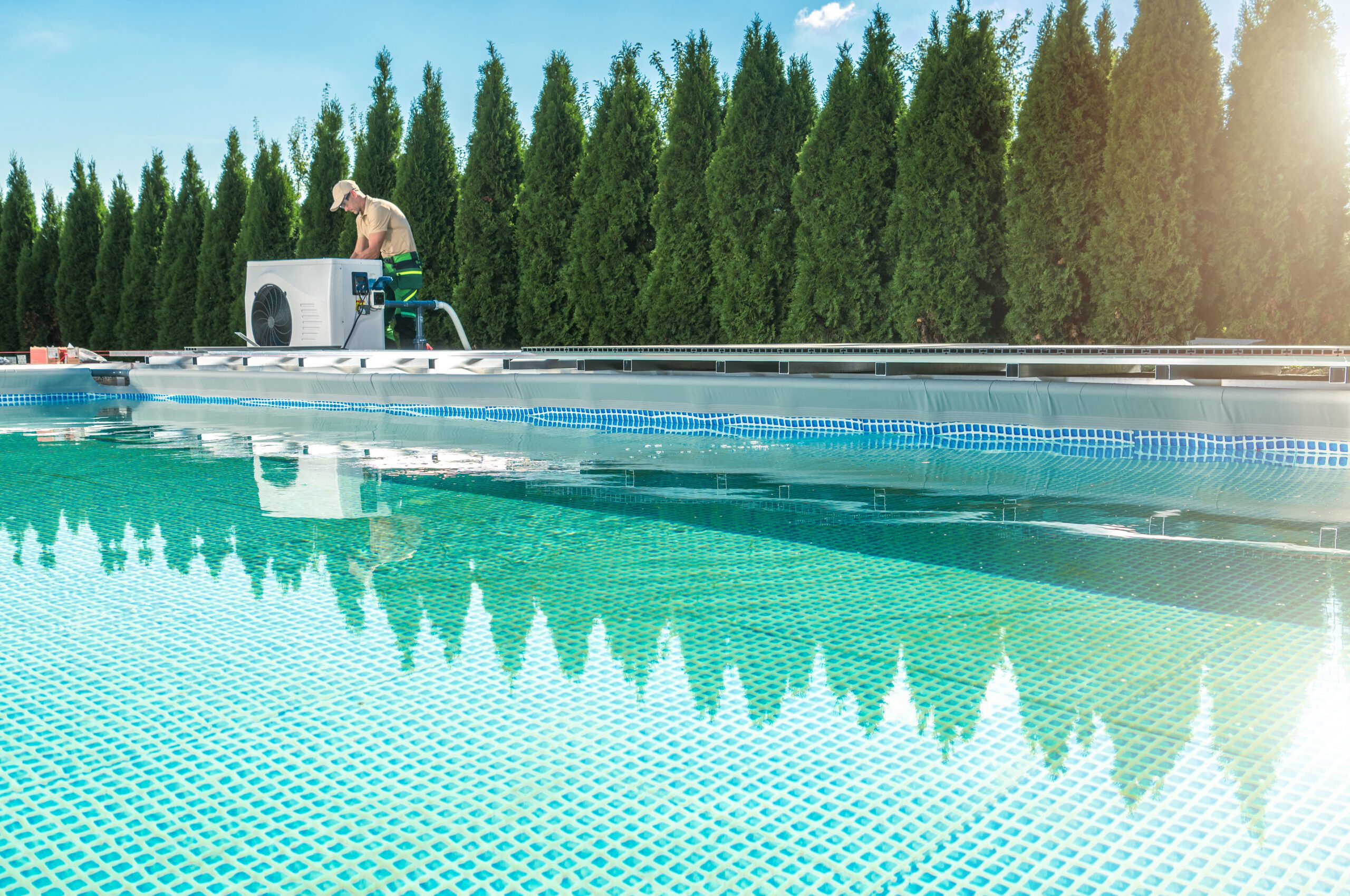 scenic outdoor pool with heating equipment