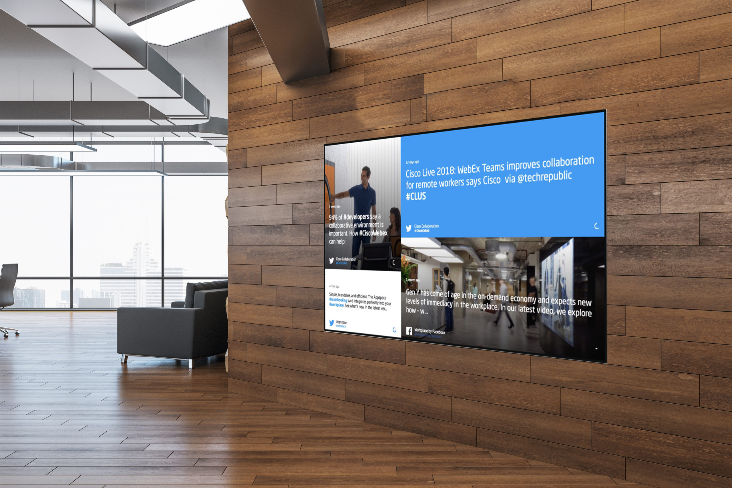 modern office workspace with digital screens