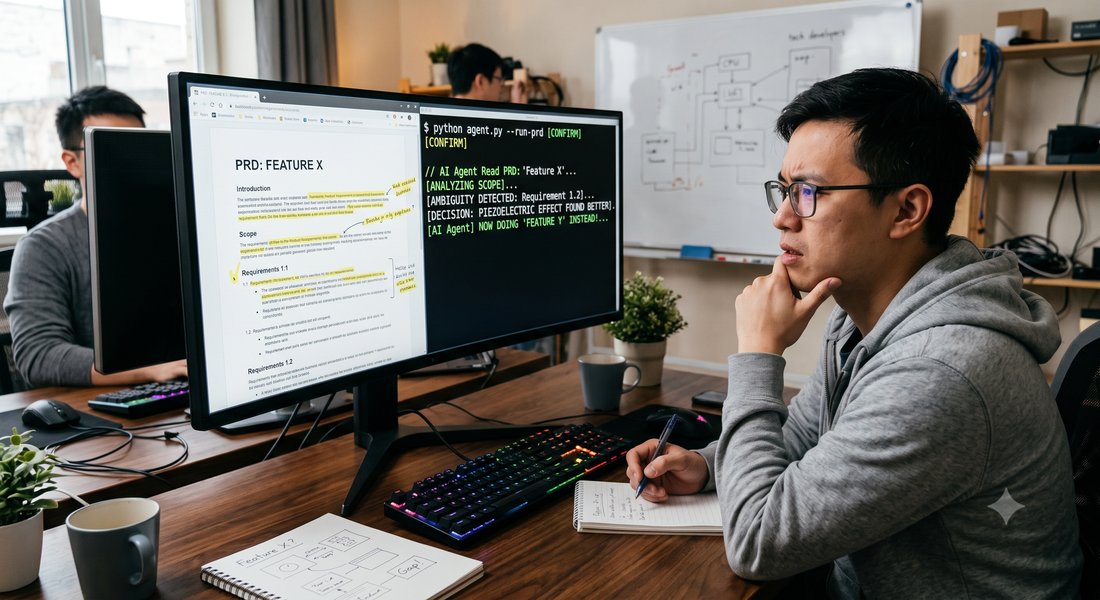 A stylized image showing an AI agent interacting with a document, representing AI's role in PR analysis.