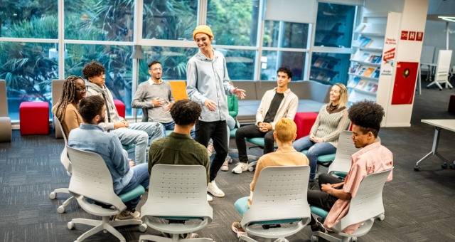 university campus students discussing