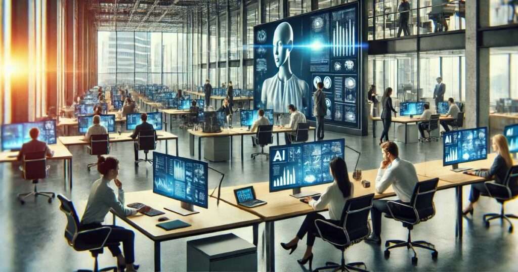 modern office workspace with AI dashboard