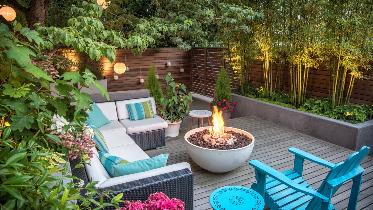 lush urban garden with tools