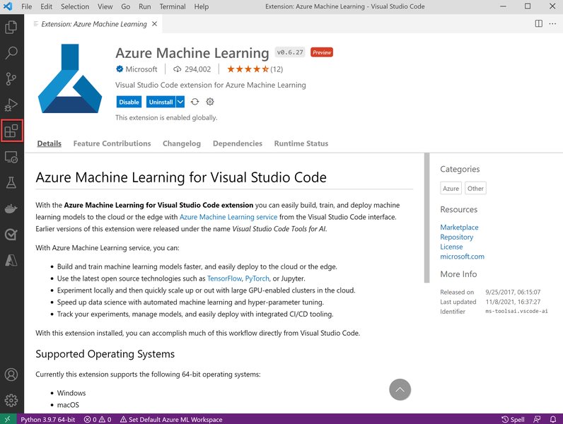 Azure Machine Learning extension in VS Code interface
