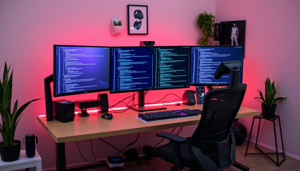 physical trading desk setup with monitors and code