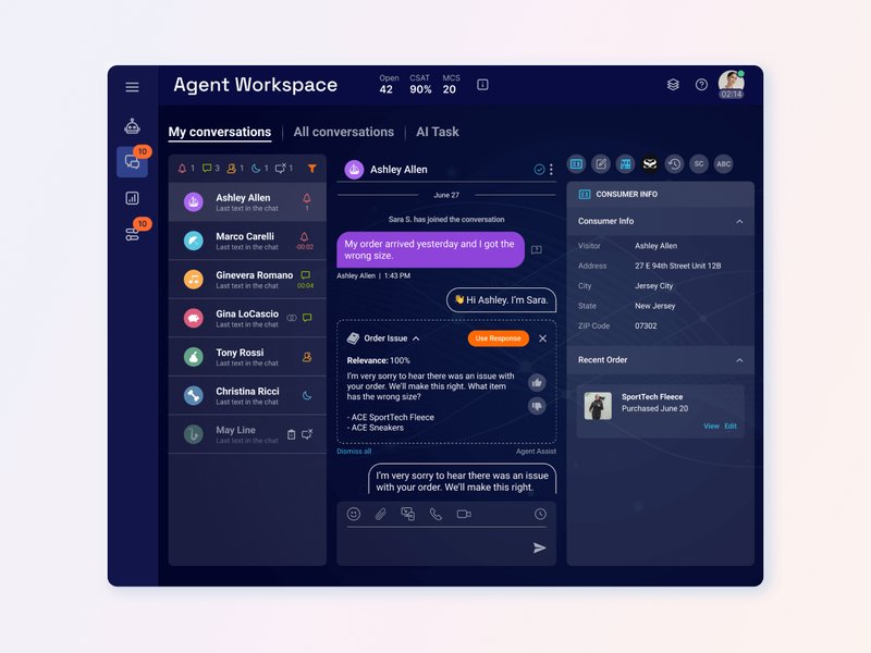 A screenshot of an agent workspace with multiple chat windows, showcasing omnichannel messaging and efficient conversation management.