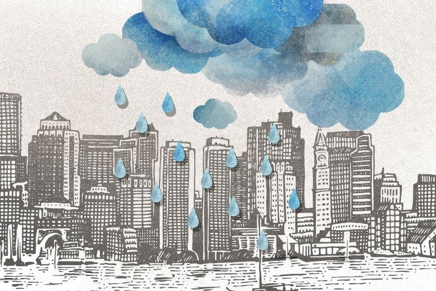 An illustration depicting a raindrop falling through the air, attracting and collecting yellow aerosol particles.