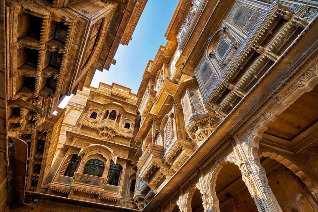 desert landscape with traditional Indian architecture
