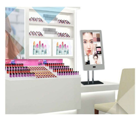 makeup counter, digital screen showing cosmetic product