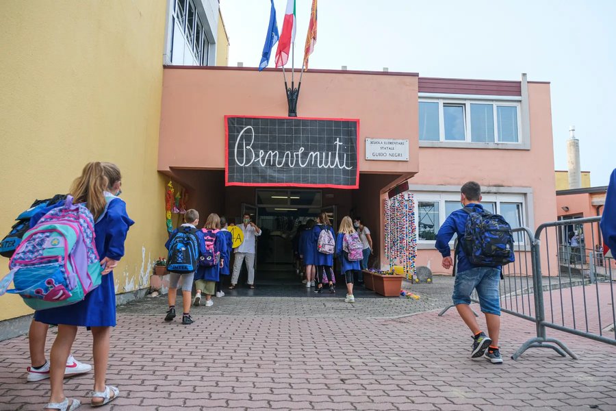 italian high school building entrance with students