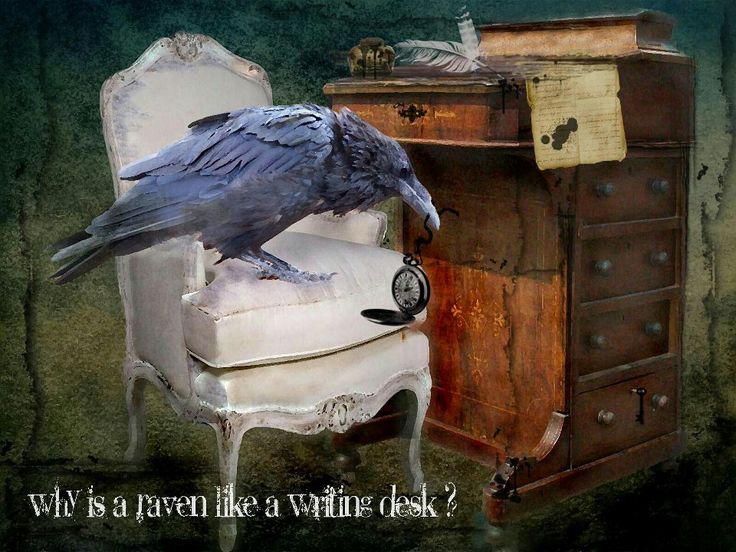 vintage writing desk and raven sculpture