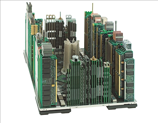 cityscape with modern technology, computer components