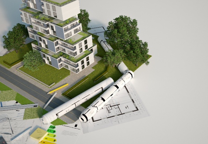 urban construction site with eco friendly building materials