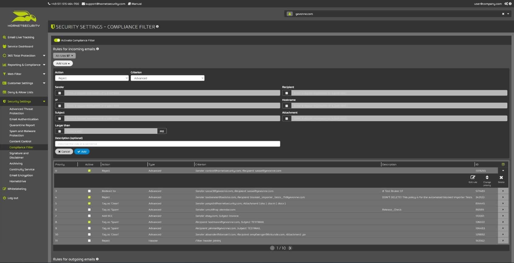 email spam filter interface on computer screen