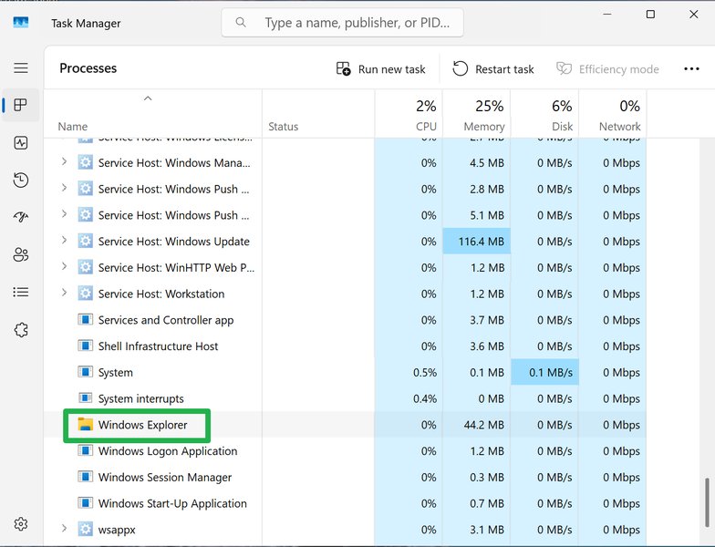 Task Manager showing Windows Explorer process selected