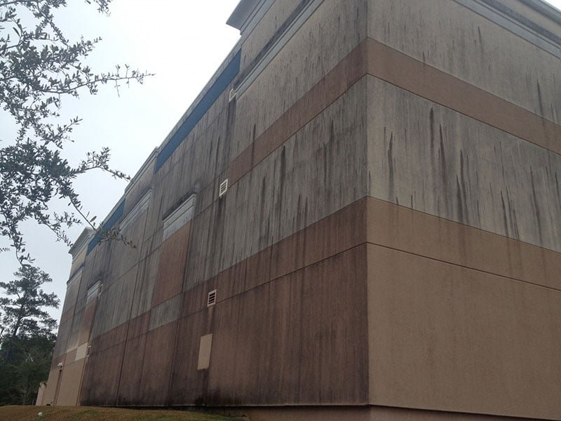 Commercial building before soft washing